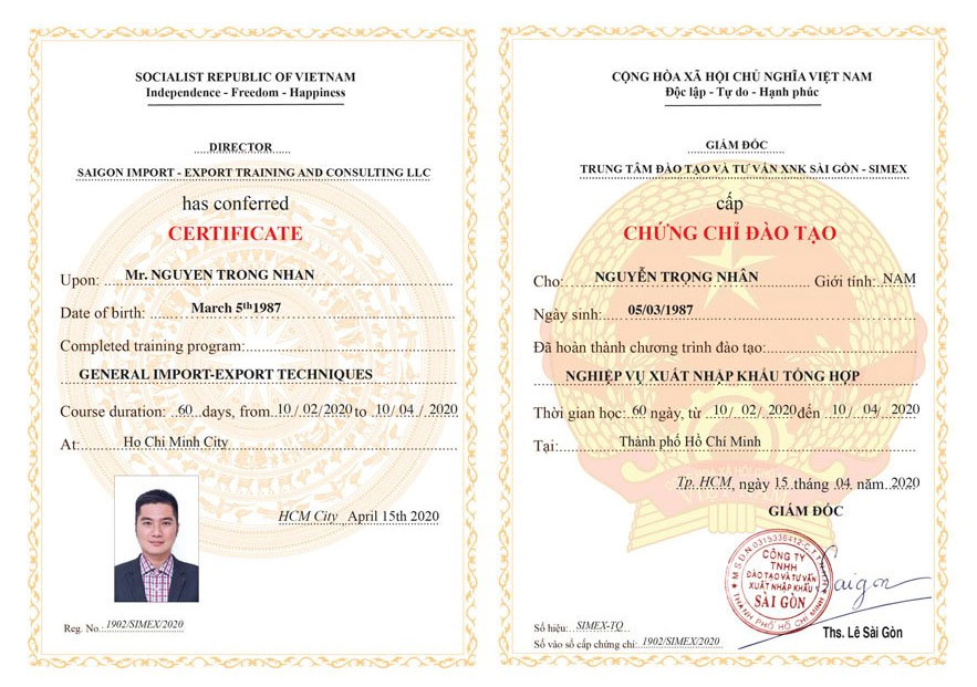 chứng chỉ đào tạo Simex mặt sau