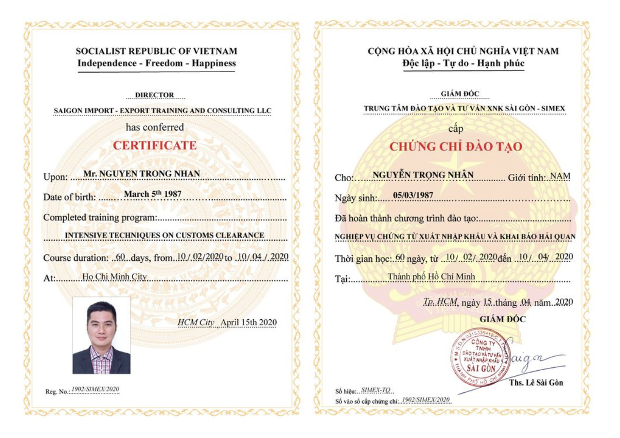 chứng chỉ đào tạo Simex mặt sau